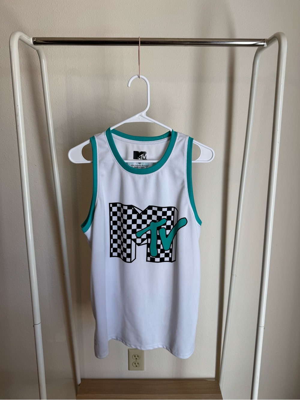 TWO MTV Mens White Jersey Tank with Teal Trim and Checker Logo | Black Cotton